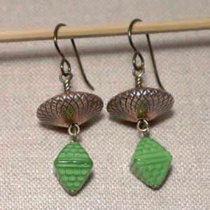 Hand Crafted Handmade Earrings Green Czech Glass Geometric Long Earrings